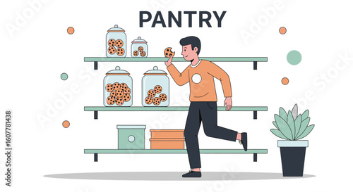 Man Stealing Cookie From The Pantry With Jar Of Sweets On The Shelf