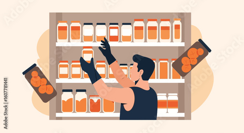 Man Storing Preserved Food In Jars On Shelves Pantry For Seasonal Availability