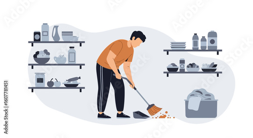 Man Sweeping Kitchen Floor With Broom To Maintain Cleanliness And Order