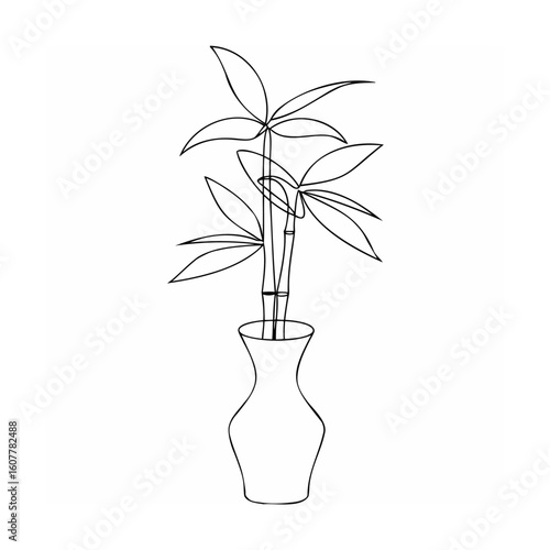 Minimalist lucky bamboo stalks in vase plant line art