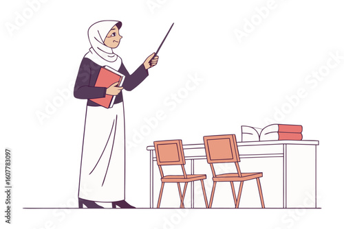 Smiling middle eastern man in traditional green robe and turban holding a book and gesturing