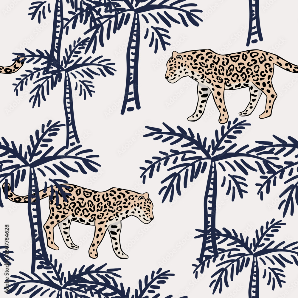 Obraz premium Tropical leopards, line palm trees, gray background. Seamless pattern. Vector illustration. Exotic plants, animals. Summer beach design. Paradise nature