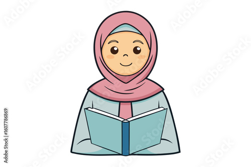 Friendly cartoon muslim teacher with beard and glasses points to a world map on a whiteboard