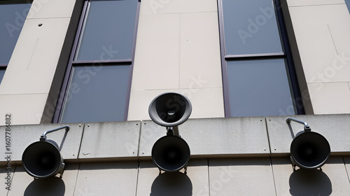 Three loudspeakers on building