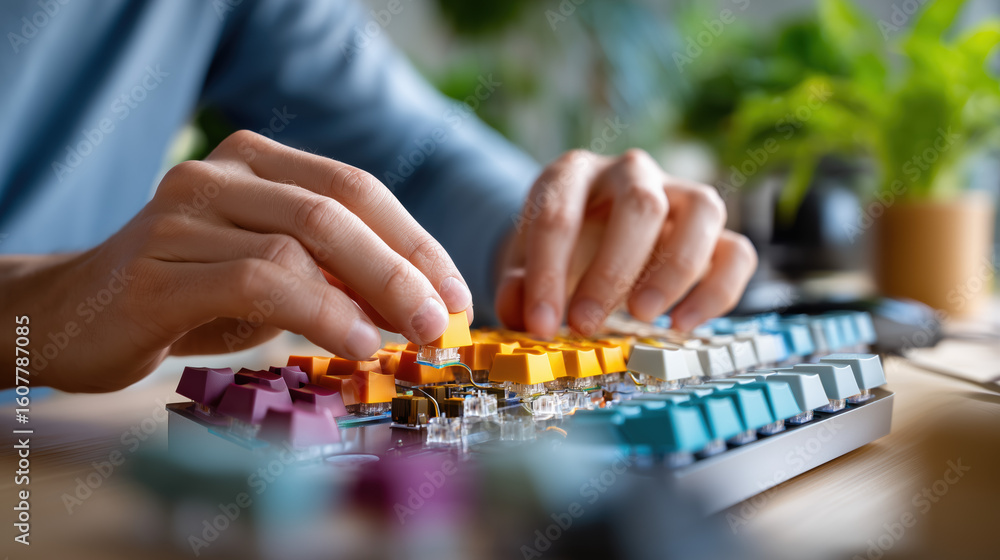 Fototapeta premium Close-up of hands assembling a mechanical keyboard with colorful keycaps and switches.