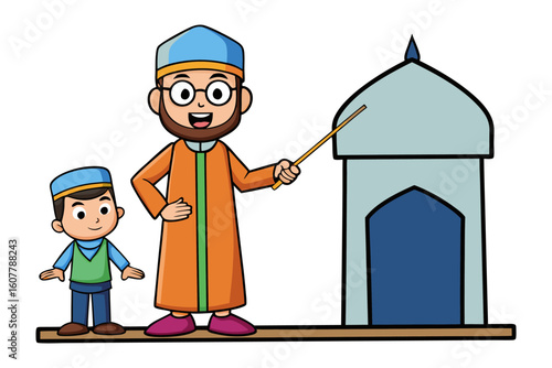 Smiling cartoon muslim man wearing a traditional green robe and white kufi holding books