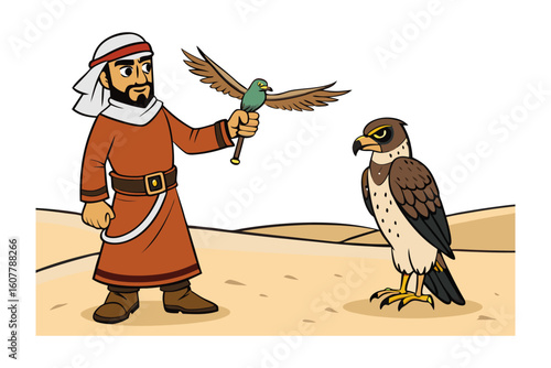 Muslim man in traditional attire kneeling and reading from a holy book on a wooden stand