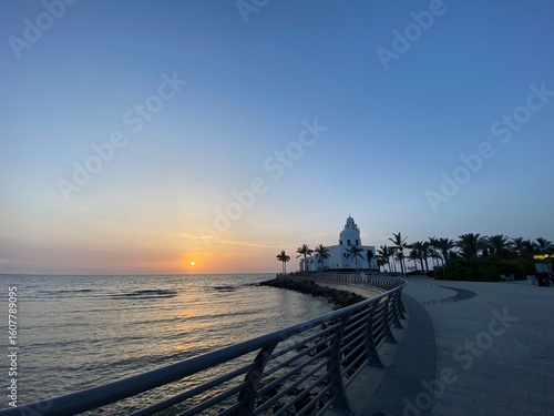 Sunset in Jeddah, Saudi Arabia, and there is a mosque for Muslims