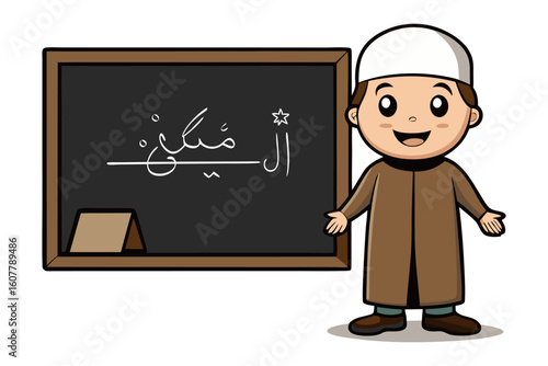 Friendly arab man in traditional clothing enthusiastically points to a globe demonstrating global knowledge and education