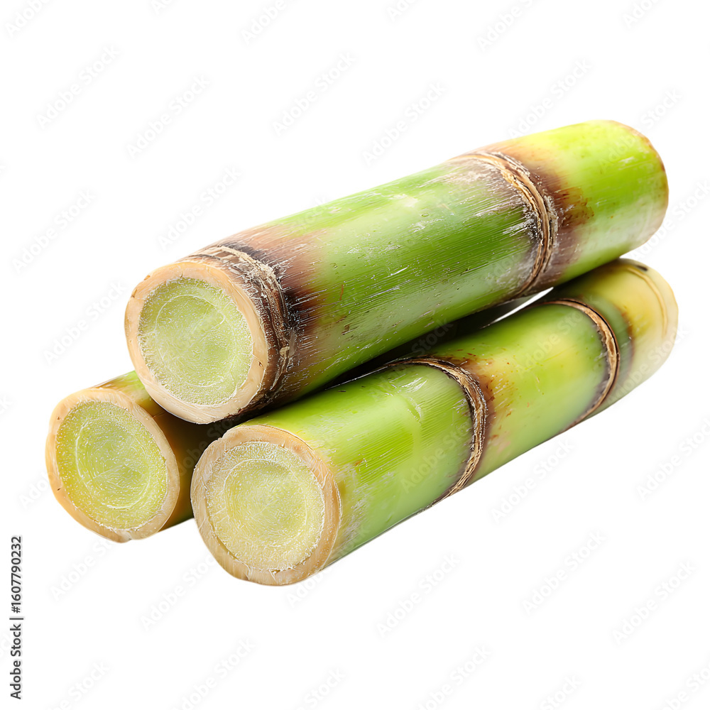 Fototapeta premium Freshly cut sugarcane stalks with green and yellow hues showing natural fibers isolated on transparent background