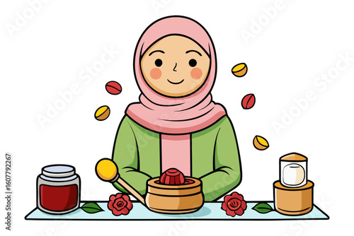 Skilled artisan crafting intricate patterns on traditional islamic textile with focused concentration