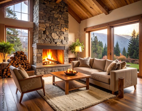 Cozy mountain cabin living room with fireplace