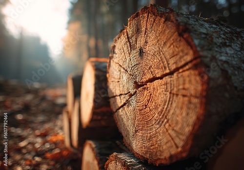 Close-Up of Cut Wood with Visible Rings Stacked in Forest at Warm Sunset Light