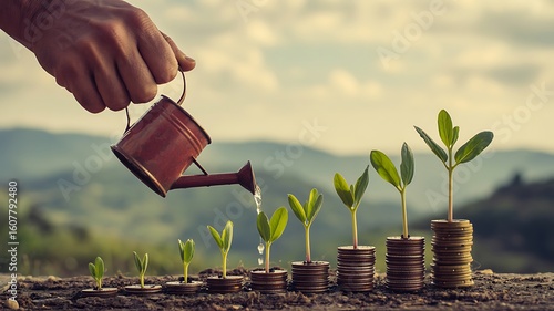 Hand watering plants growing from stacked coins watering can seedlings