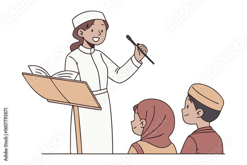 Muslim man in traditional attire presents zakat concept with coins and whiteboard illustration for islamic finance education