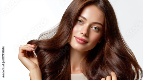 A stunning woman with flowing brown hair, a captivating portrait of natural beauty.