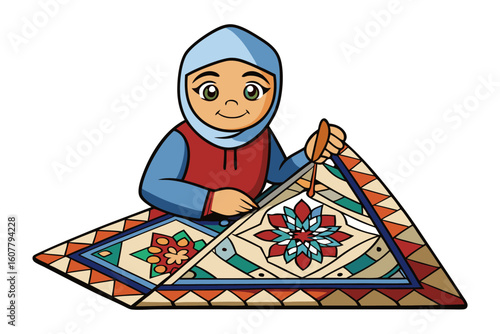 Cartoon man with beard and turban reading an open book dressed in traditional islamic clothing