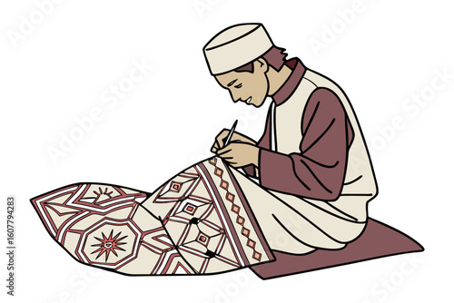 Man in traditional attire gazes at an open holy book on display in a museum or exhibition