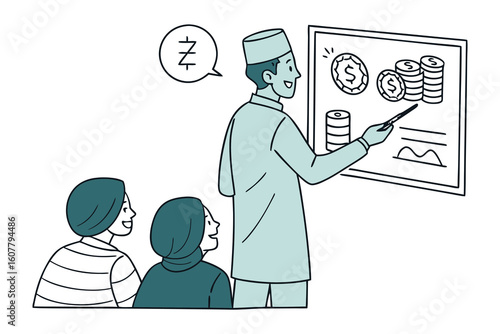 Muslim teacher explains islamic calendar phases and moon cycles to students using a blackboard illustration