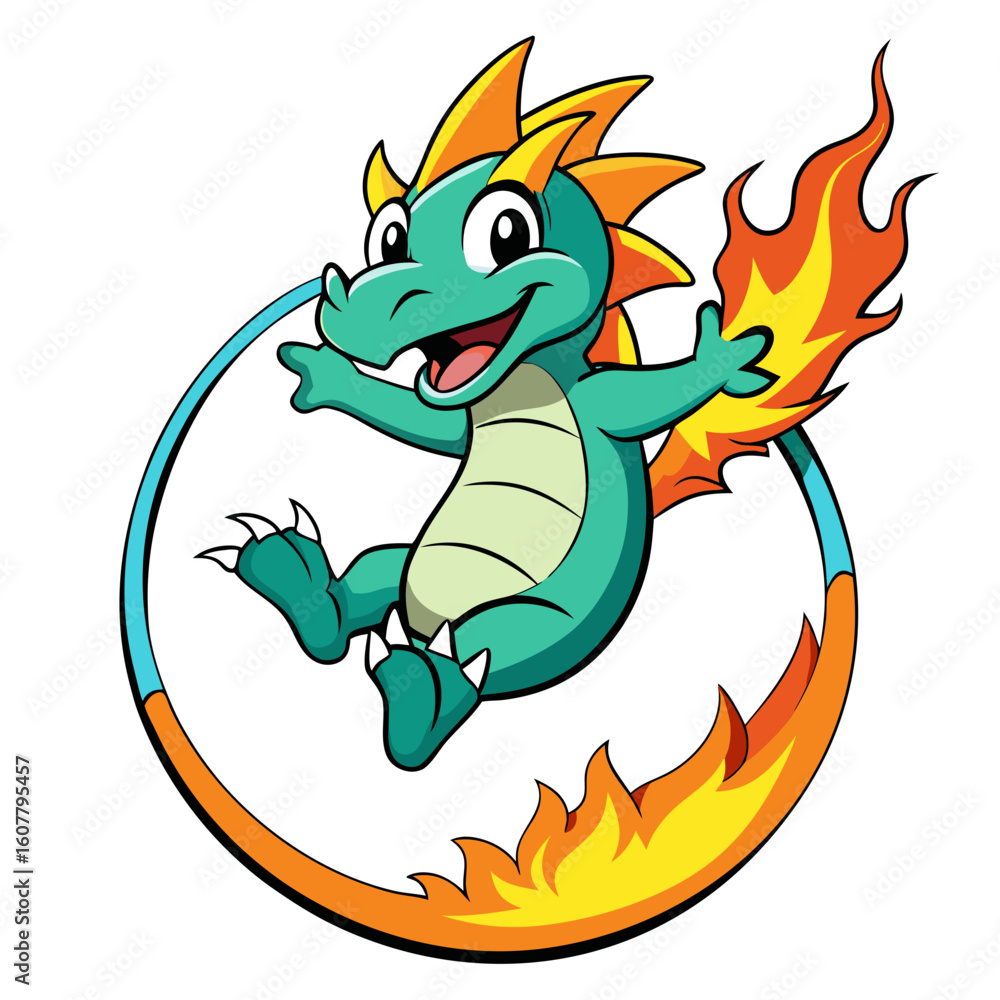 Fototapeta premium Cartoon teal dragon with orange and yellow spikes jumping through flaming hoop vector