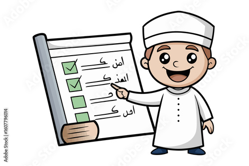 Smiling muslim boy in traditional attire stands proudly next to a wooden bookshelf filled with colorful books