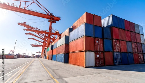 Container port, stacked shipping containers, and cranes under bright sun