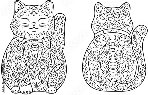 Boho Floral Maneki Neko Cat SVG  Front and Back View Line Art for T-Shirt, Hoodie, Tote Bag, Mug, and Apparel Print