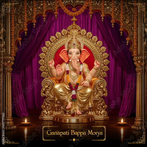 Royal Ganesha on golden lotus throne, adorned in ruby-emerald jewels, with silk drapes, marigolds, and embossed ‘Ganpati Bappa Morya’—perfect for luxury banners, invites, and festive greetings.
