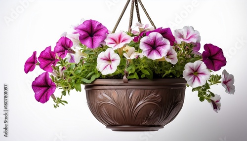 Wallpaper Mural a hanging pot of petunias isolated on a white background a hyper realistic photo with high detail and no shadow behind the flowers photoroom Torontodigital.ca