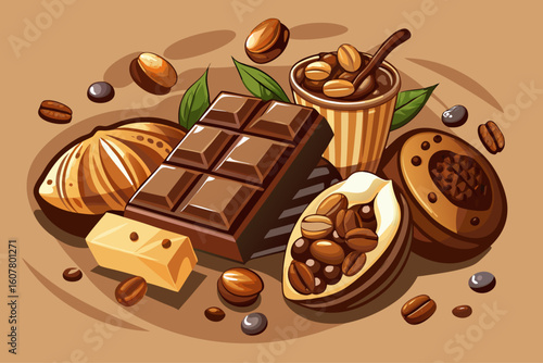 vector of Delicious porous and bitter chocolate with coffee beans, peanuts with chocolate coating. Delicious and healthy...