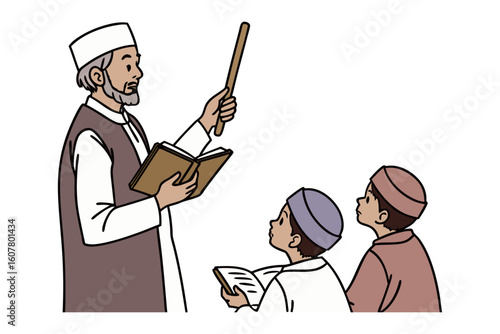 Elderly muslim man in traditional attire deeply engrossed in reading sacred texts on a prayer mat