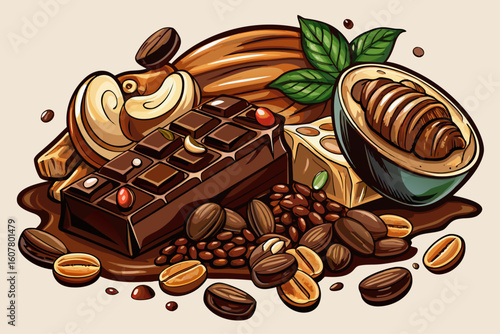 vector of Delicious porous and bitter chocolate with coffee beans, peanuts with chocolate coating. Delicious and healthy...