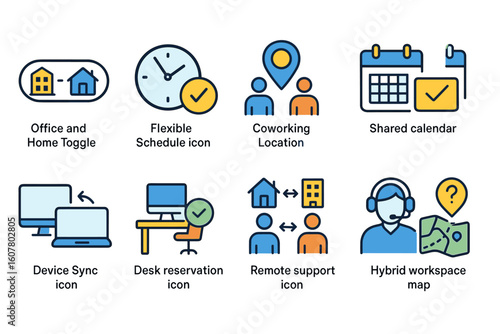 Set of Colorful Icons for Hybrid Work Environment Including Flexible Schedule and Remote Support