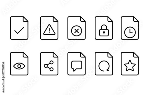 Set of 10 Black and White Document Icons for Approval, Security, Communication, and More