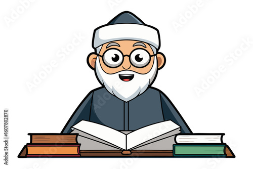 A cartoon illustration of a bearded muslim man wearing a white kufi and traditional robes reading a book
