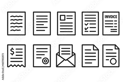 Set of 10 Minimalist Black and White Document Icons for Forms and Financial Transactions