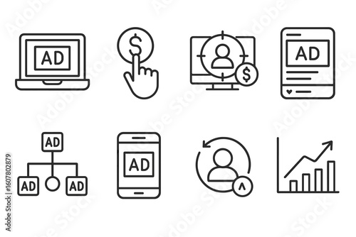 Digital Advertising and Marketing Icons Set: PPC, Targeted Ads, Mobile and Growth Analytics