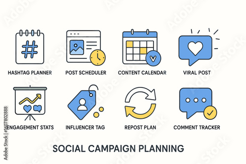 Social Media Strategy Icons: Hashtag Planner, Content Calendar, Viral Post, Engagement Stats