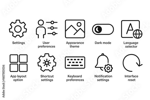 Collection of Ten Line-Drawn Settings Icons for UI Customization and User Preferences
