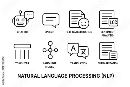Black and White Illustration of Natural Language Processing (NLP) Icons