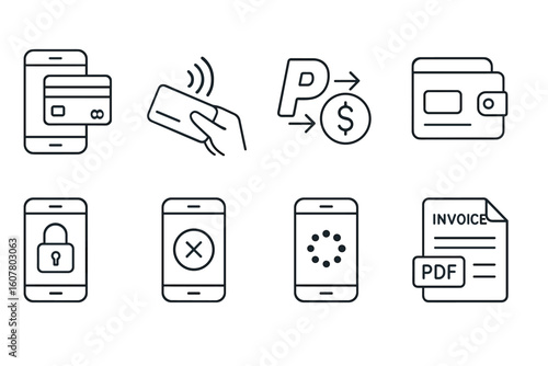 Digital Payment and Mobile App Functions Icons Set in Minimalistic Style