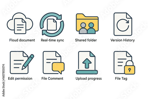 Document management and collaboration icons set including cloud storage, version history, and more