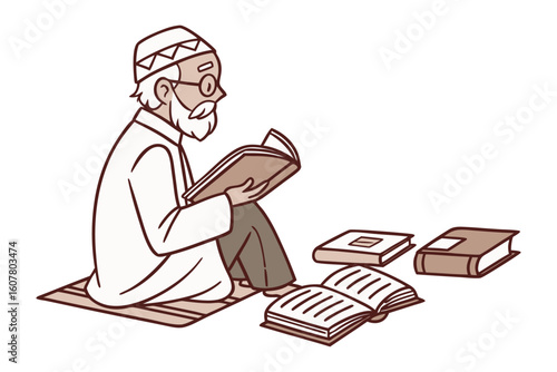 A young muslim man wearing a kufi and traditional attire sits on the floor reading a holy book with focused concentration and a gentle smile