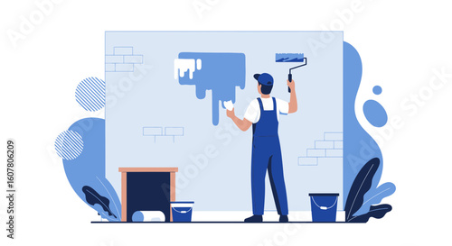 Professional Painter Applying Blue Color on a Wall with Paint Roller