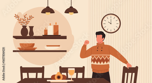 Man Waiting Dinner Time In The Cozy Room With Warm Decoration