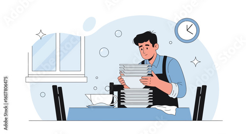 Man Washing Up After Meal Holding Stack Plates Inside House Illustration