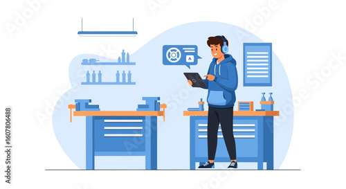 Man Wearing Headphones Uses Tablet in Workshop For Research or Communication