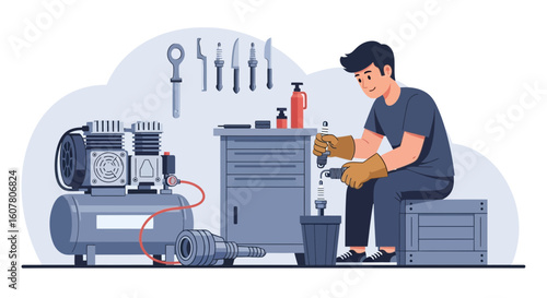 Mechanic Repairing Car Shock Absorber In His Workshop At Home Illustration