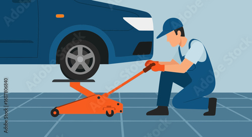 Mechanic Repairing Car Vehicle With Jack In The Garage Automotive Service