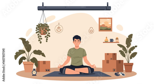 Mindful Man Finding Tranquility Amidst Unpacking After Moving Into New Home